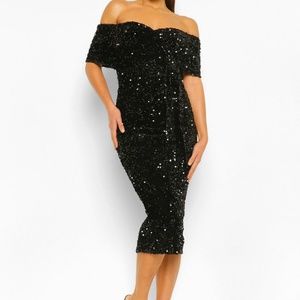 NWT Boohoo Tall Sequin Bardot Belted Midi Dress in Black